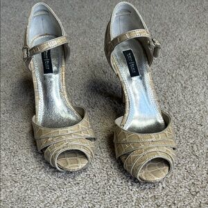 White House, black market, beige reptile, print heels